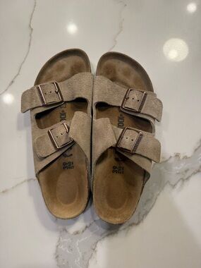 Birkenstock Suede Double-Buckle Sandals - Taupe Suede Narrow